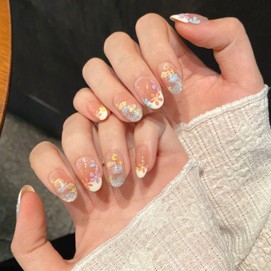 Handmade Oval Short Press-On Nails - Floral Garden