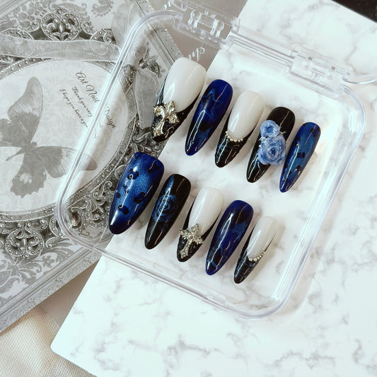 Dark Blue Rose Cross Nails | Long Gothic Set