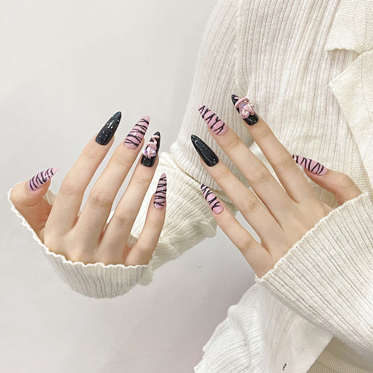 Pink Black Stripe Pattern Design - Geometric Elegance Nail Art Collection