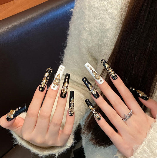 Black White Gold Rhinestone Design - Classic Luxury Nail Art Collection