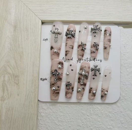 Cross & Rhinestone Glam Press-On Nails - Long Almond Shaped Nude Design