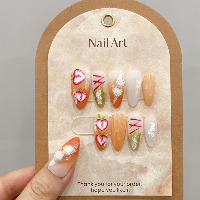 Handmade Press On Romantic Nails - Complete Love Inspired Set
