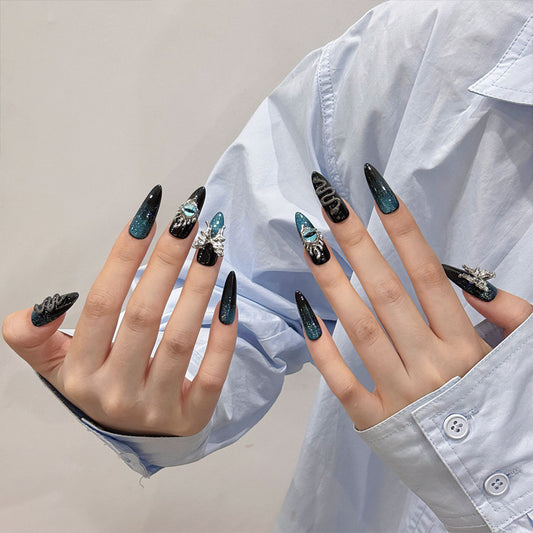Black Teal Gradient Stiletto Press-On Nails - Ombre Set