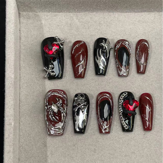 KAPOW Gothic Punk Press On Nails - Blood Red Flames & Chrome Chains