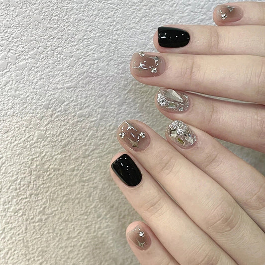 Black Clear Silver Rhinestone Design - Modern Celestial Nail Art Collection
