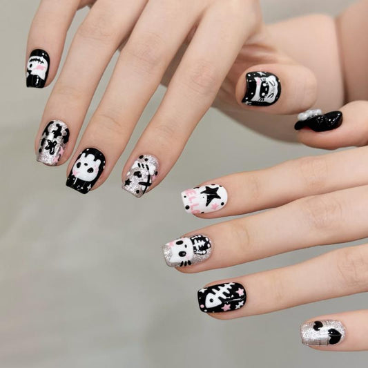 Adorable Halloween kawaii panda coffin short press-on nails with cute panda characters, playful ghosts, and sparkling star designs