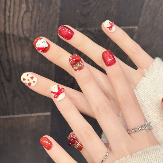 Adorable short squoval false nails featuring sculpted Kitty faces, glossy red cherries & heart patterns - festive 10-piece set