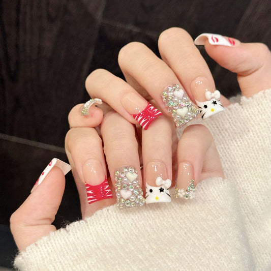 Charming duck press-on nails featuring Hello Kitty, zebra stripes & holographic sparkle - Christmas kawaii beauty at home - Set of 10