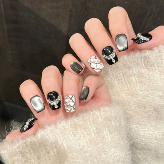 Elegant Monochrome Press-On Nails - Geometric Patterns with Rhinestone Details - Perfect for Any Occasion or Event