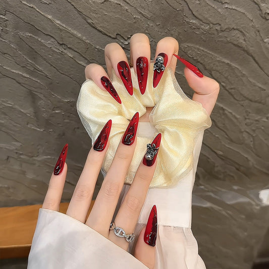 Fierce Gothic Press-On Nails - Red Stiletto Long Shape, Skull Art Details, Professional Quality Application Kit