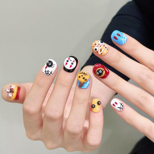 Fun Halloween colorful character squoval short press-on nails with cute pumpkins, friendly ghosts, and playful spider designs