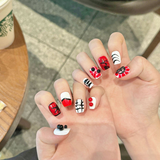 Handcrafted Halloween nails featuring intricate gothic crosses, sacred geometry patterns - coffin short shape collection