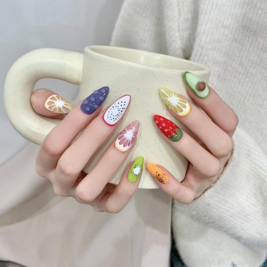 Handmade Almond Nails Fruit Theme Colorful Press On - Fresh Summer Design with Vibrant Watermelon Avocado Lemon Patterns
