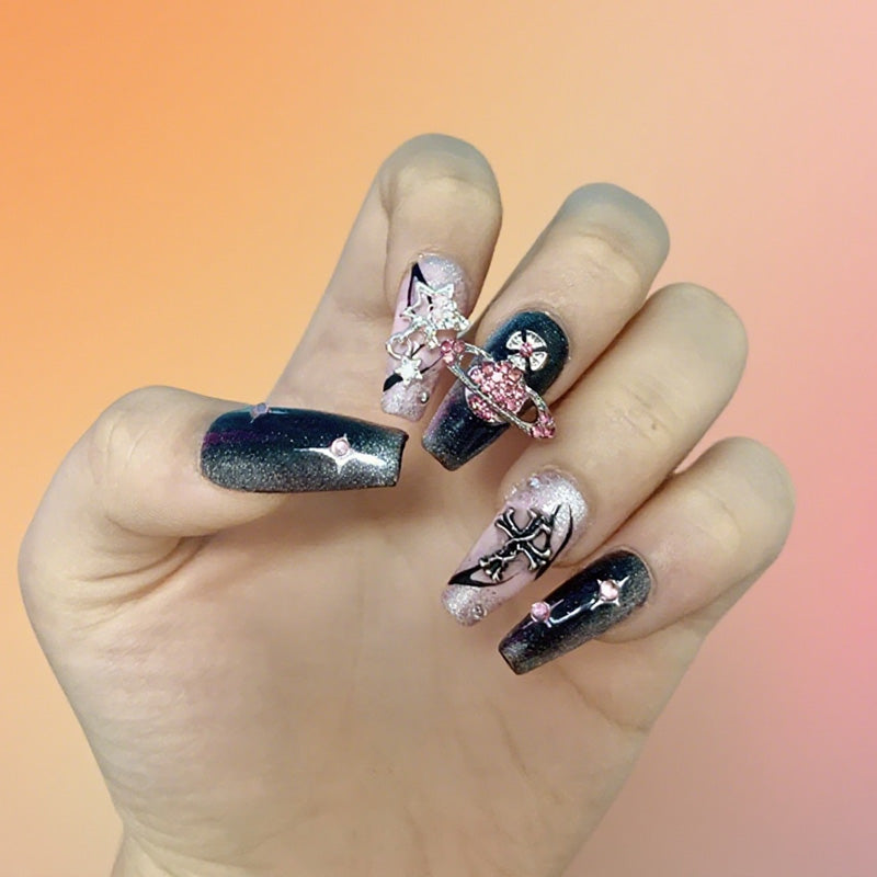 Handmade Black Pink Star Butterfly Coffin Medium Nails - Edgy Glamorous Design with Glitter Effects and Celestial Decorations