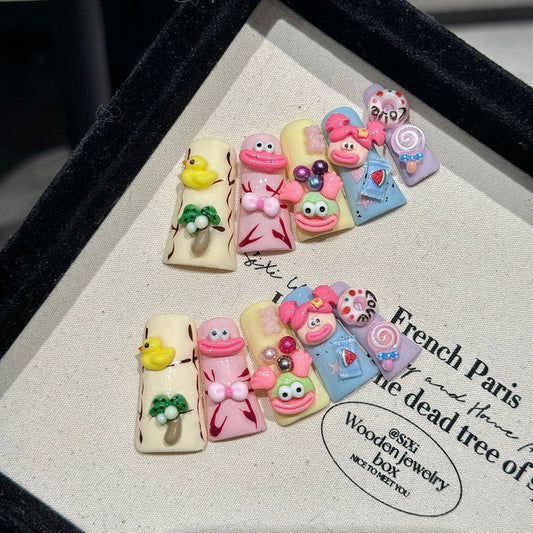 Handmade Duck Nails Kawaii Character 3D Cute Cartoon Design - Adorable Dimensional Decorations with Colorful Playful Embellishments