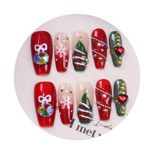 KAPOWNAILS coffin medium nails featuring classic Christmas design - white bows, colorful crystals, snowflakes, trees, handcrafted quality, 10-piece set
