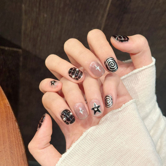 KAPOWNAILS squoval short nails featuring gothic design - intricate spider web, hypnotic spirals, crystal stars, handcrafted quality, 10-piece mystical set