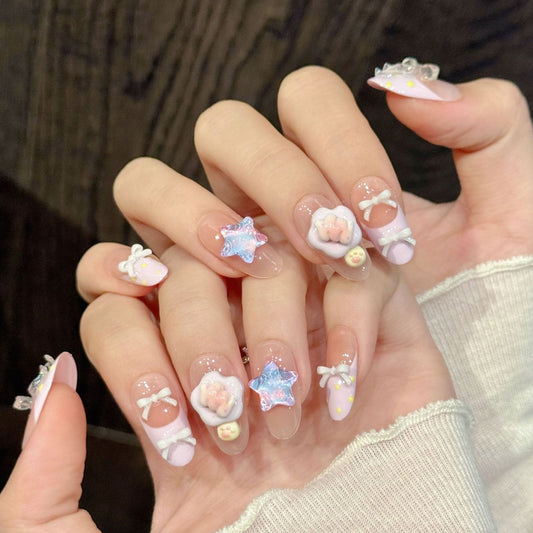Kawaii oval nails with 3D purple flower, holographic star, hearts & polka dots - perfect for purple flower star heart pastel kawaii sweet charm style