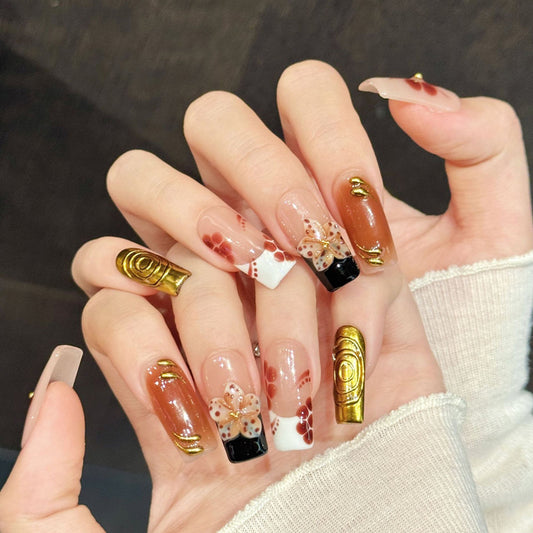 Luxurious coffin medium nails with 3D burgundy flower, gold leaf, black-white French & crystals - perfect for burgundy flower gold leaf elegant luxury