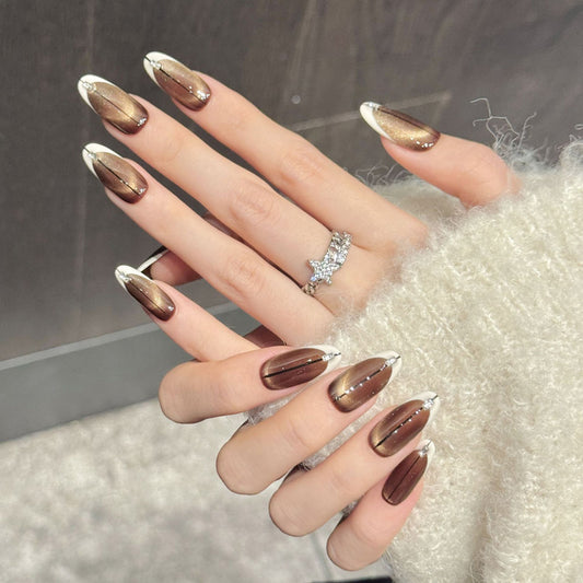 Luxurious oval press-on nails featuring warm brown-bronze ombre & crystal accents - Salon sophistication at home - Set of 10 nails