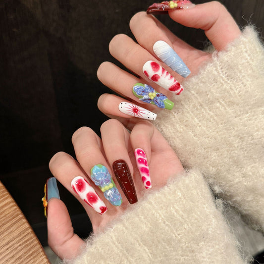 KAPOWNAILS Retro Floral Press - ons, Hand - Painted Colorful Flower Designs