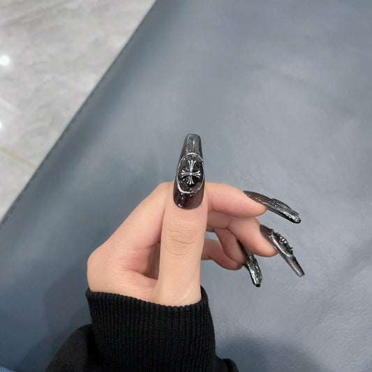 KAPOWNAILS Dark Grey Press - ons with Silver Cross, Edgy Gothic Nail Design