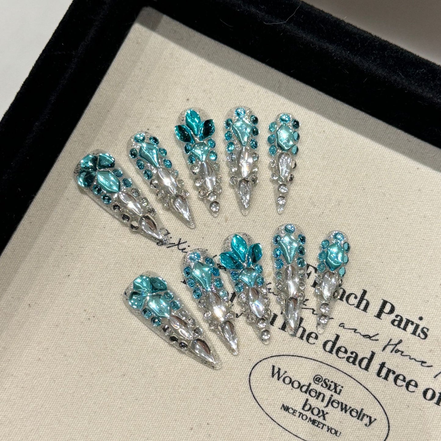KAPOWNAILS Teal Rhinestone - Encrusted Stiletto Press - on Nails, Luxe Crystal - Decorated Wearable Nail Art