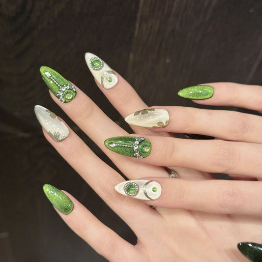 KAPOWNAILS Green & White Stiletto Press - on Nails with Rhinestone Accents, Chic Gem - Decorated Wearable Nail Art