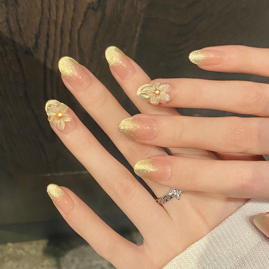 KAPOWNAILS Golden Glitter Gradient Press - on Nails with 3D Flower Accents, Elegant Shimmering Wearable Nail Art