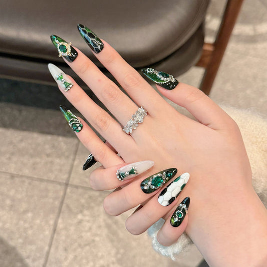 Green Gem - Encrusted Press - ons, Luxe Rhinestone - Decor Long Nails