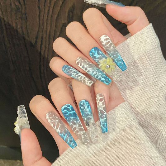 KAPOWNAILS Blue - White Wave Press - ons, Yellow Flower Gem Accents