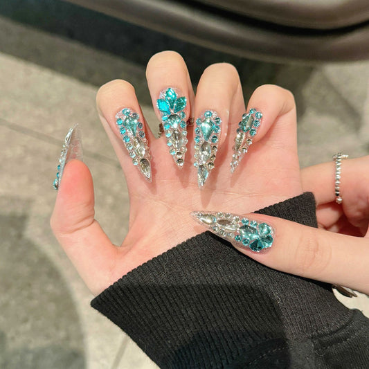Teal Rhinestone - Encrusted Stiletto Nails, Luxe Crystal