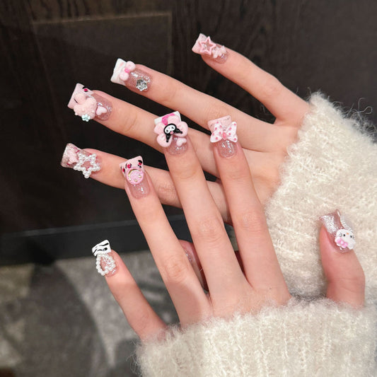 KAPOWNAILS Pink Cartoon Press - ons, Hello Kitty & 3D Bow Decor