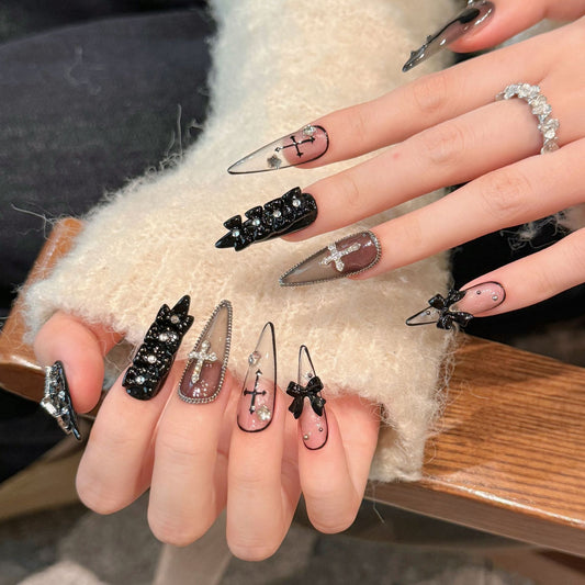 KAPOWNAILS Gothic Cross Press - ons, Black Bow & Rhinestone Accents