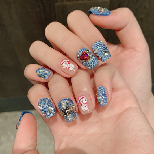 Denim - Style Press - ons with Cartoon & Rhinestones, Cute Trendy Nail Art