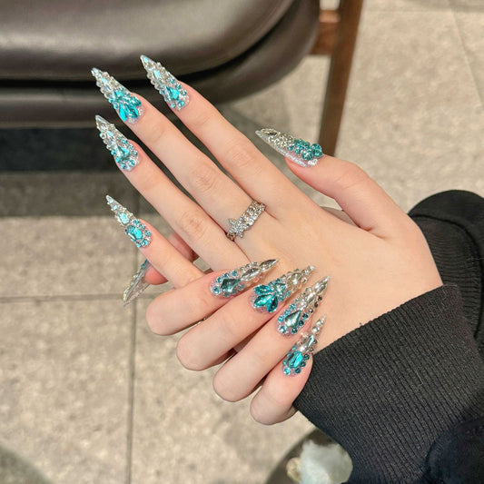 KAPOWNAILS Teal Rhinestone - Encrusted Stiletto Press - on Nails, Luxe Crystal - Decorated Wearable Nail Art