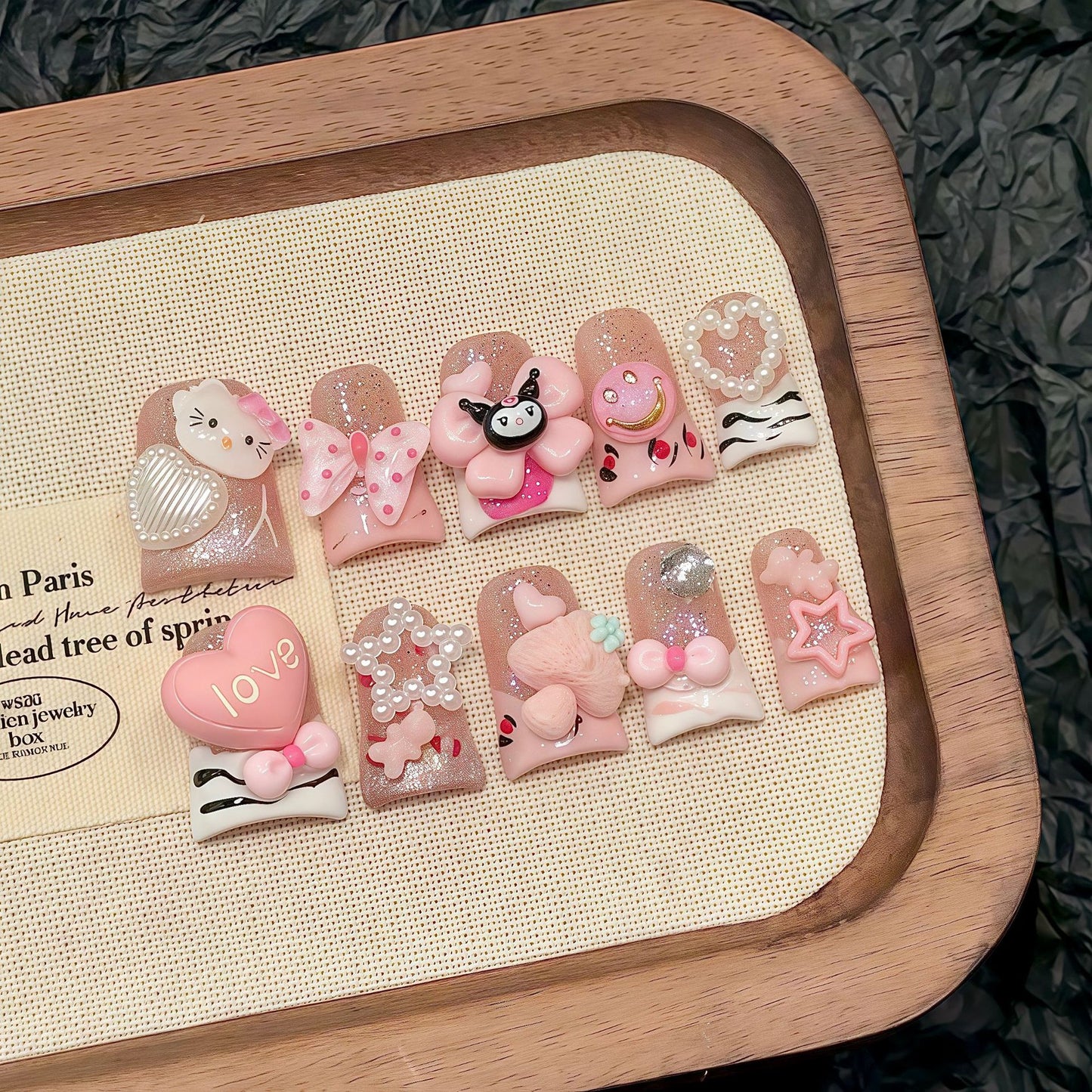 KAPOWNAILS Pink Cartoon Press - ons, Hello Kitty & 3D Bow Decor