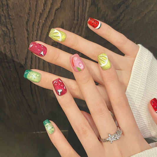 KAPOWNAILS Fruit - Themed Press - ons, Colorful Watermelon & Lemon Designs