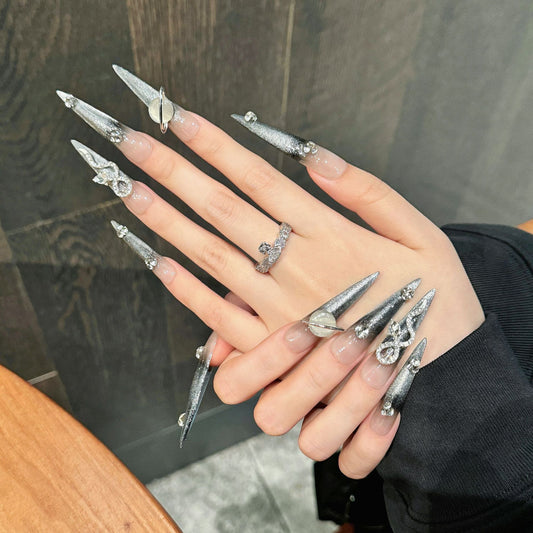KAPOWNAILS Silver Stiletto Press - on Nails with Rhinestone & Metal Accents, Edgy Long Wearable Nail Art