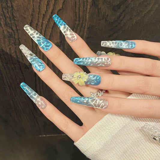 KAPOWNAILS Blue - White Wave Press - ons, Yellow Flower & Gem Accents