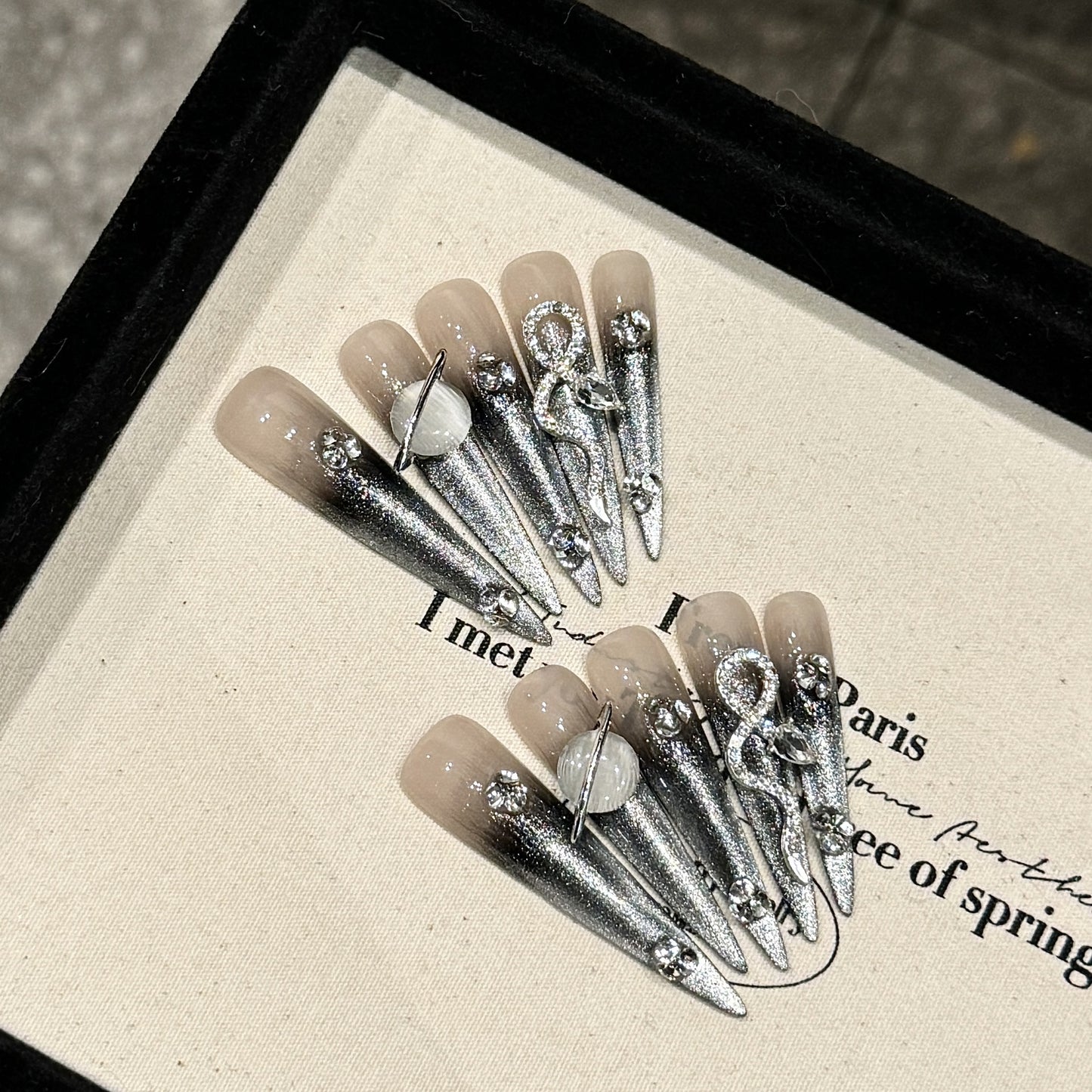 KAPOWNAILS Silver Stiletto Press - on Nails with Rhinestone & Metal Accents, Edgy Long Wearable Nail Art