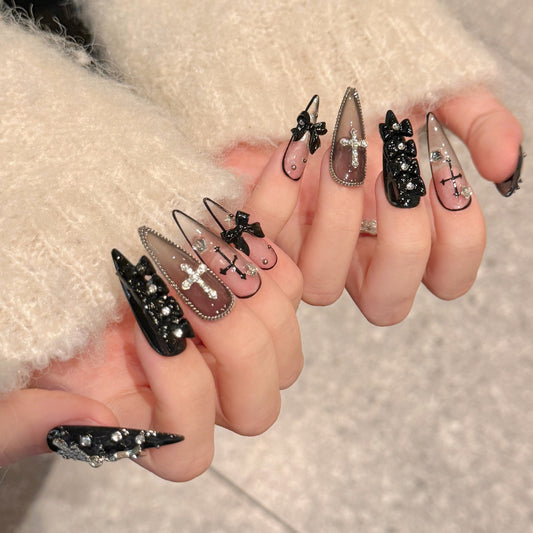 KAPOWNAILS Gothic Cross Press - ons, Black Bow & Rhinestone Accents