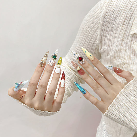 KAPOWNAILS Colorful Rhinestone Press - ons, 3D Gem Decor Long Stiletto Nails