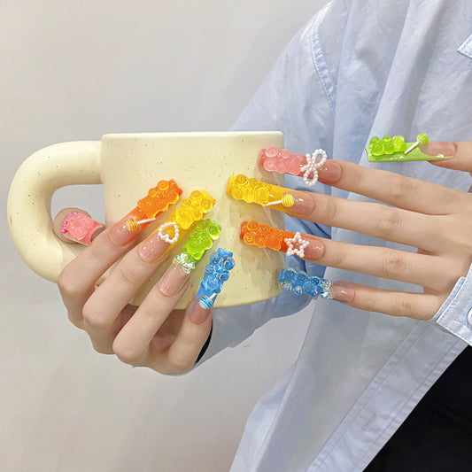 KAPOWNAILS Rainbow Gummy Bear Press - ons, Colorful 3D Bear & Bow Decor