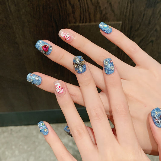 Denim - Style Press - ons with Cartoon & Rhinestones, Cute Trendy Nail Art