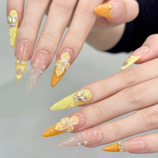 KAPOWNAILS Yellow Gradient 3D Flower Press - on Nails, Rhinestone & Pearl Decor Long Coffin Wearable Nails