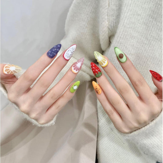 Premium Almond Nails Fruit Theme Colorful - Realistic Fruit Designs with Strawberry Kiwi Citrus for Summer Fresh Appeal