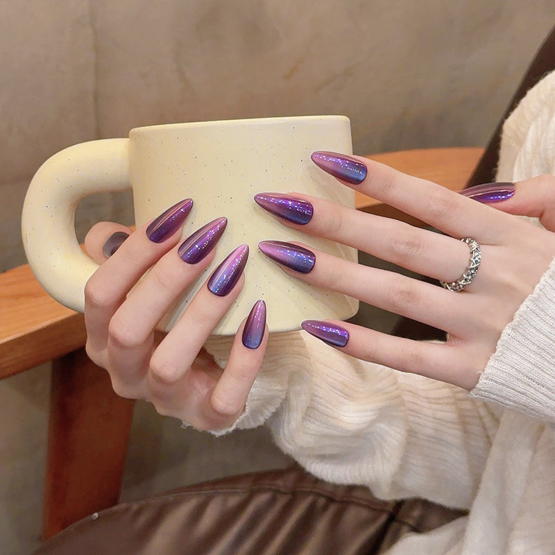 Premium Purple Blue Ombre Nails Set - Elegant Almond Shape, Multi-Dimensional Colors, Easy Professional Application