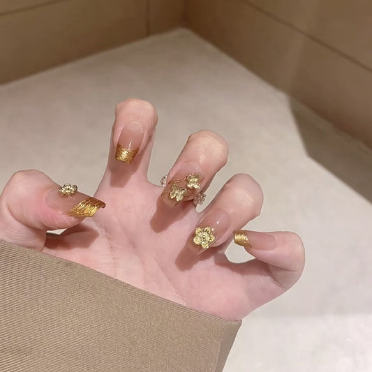 Premium coffin medium press-on nails for good fortune - gold French manicure, delicate clover embellishments, perfect for special occasions