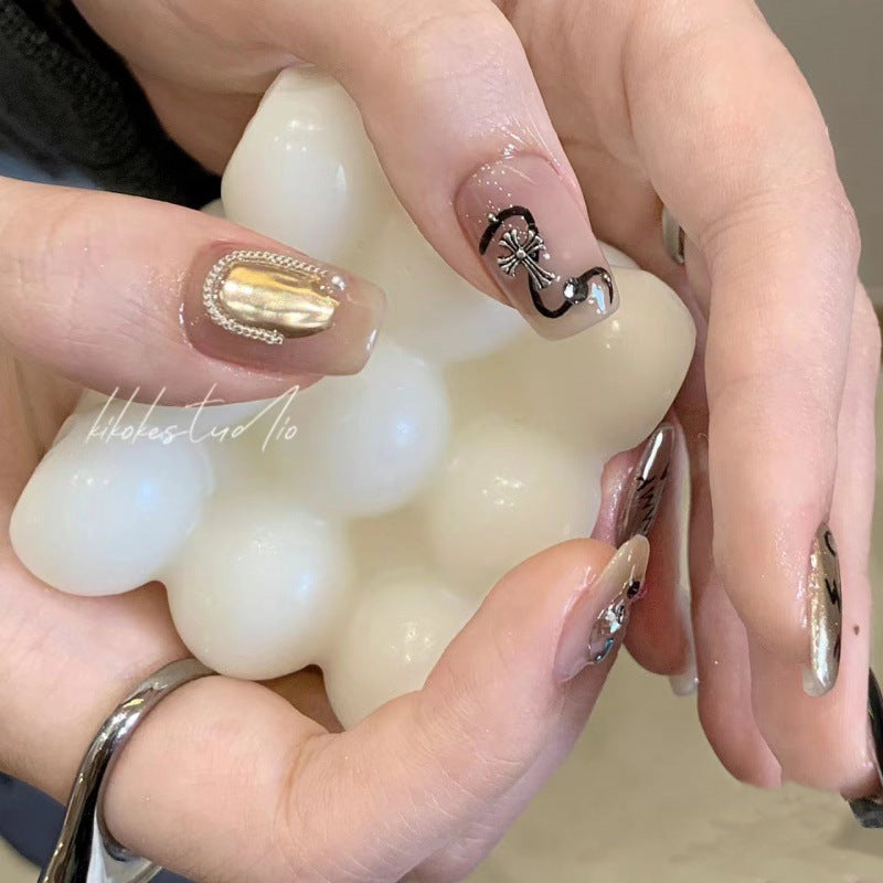 Premium coffin medium press-on nails for powerful women - elegant design, professional style, luxurious details, boardroom to happy hour ready